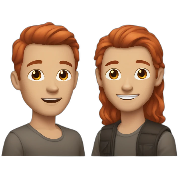 Gay men couple. Red hair blue eyes. Dark grey brown hair. Long hair sand chihuahua. emoji