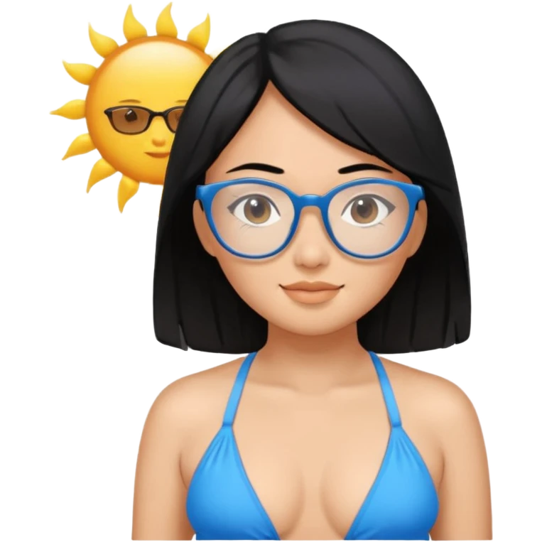 asian woman with black hair with glasses wearing a blue bikini at the beach emoji