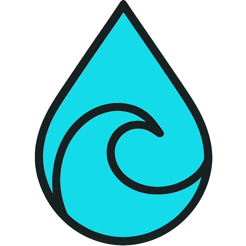 cyan water drop with an abstract cut out swirl, clean and modern icon style emoji