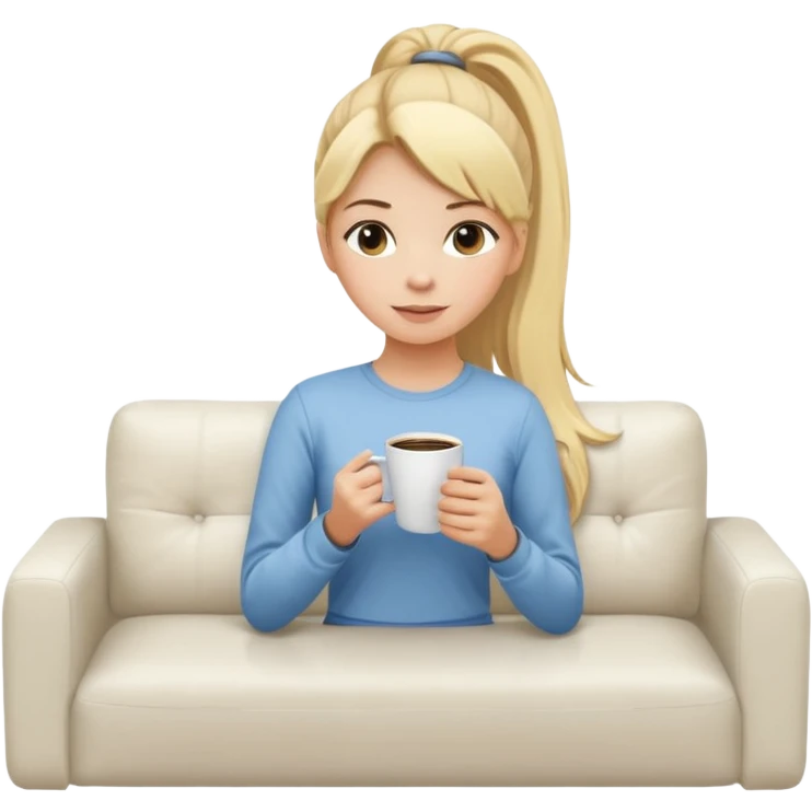 girl with long blonde ponytail relaxing with coffee on white couch emoji