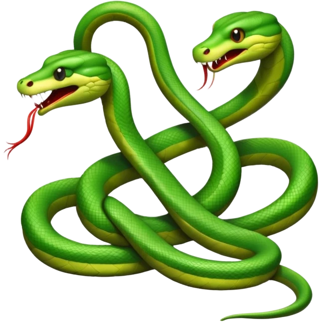 Two green snakes tangled at their tails, facing each other, hissing  emoji