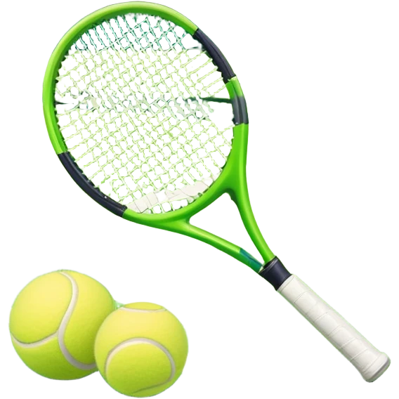 A tennis racket and a ball placed on a grassy court, with the net visible in the background. The scene captures the elegance and energy of the sport, with a vibrant green court and soft sunlight highlighting the equipment. emoji