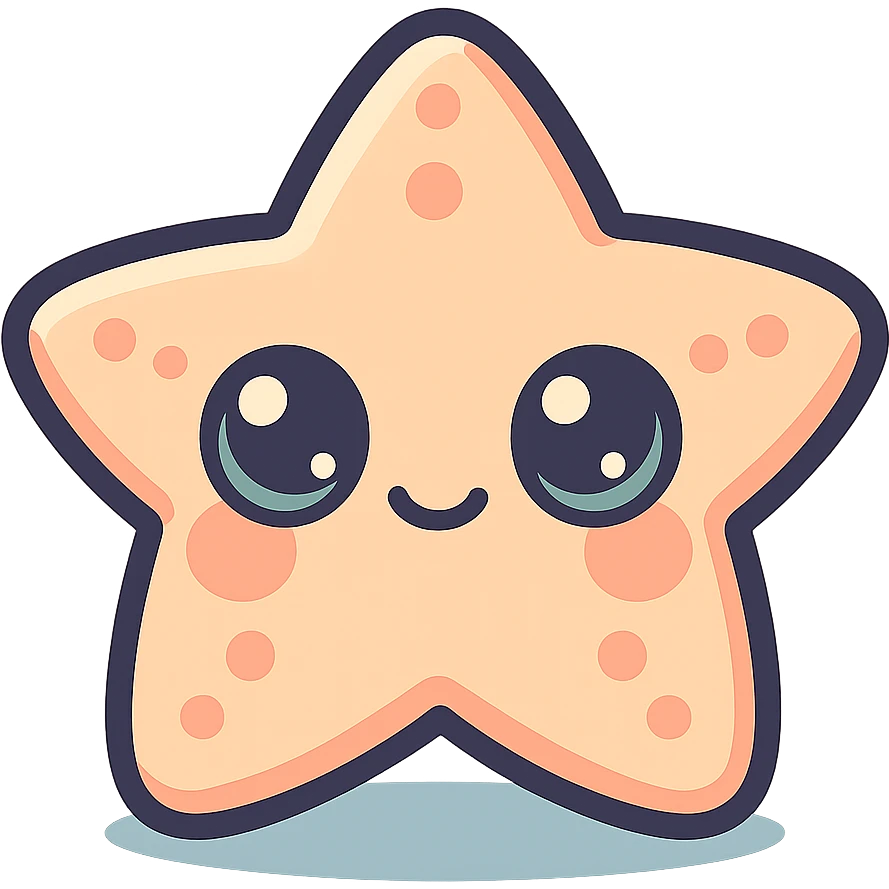 super kawaii chibi baby starfish character, soft pastel colors, big sparkling eyes, bolder outline, soft shadow, high contrast, minimal clean layout, PNG, transparent background emoji