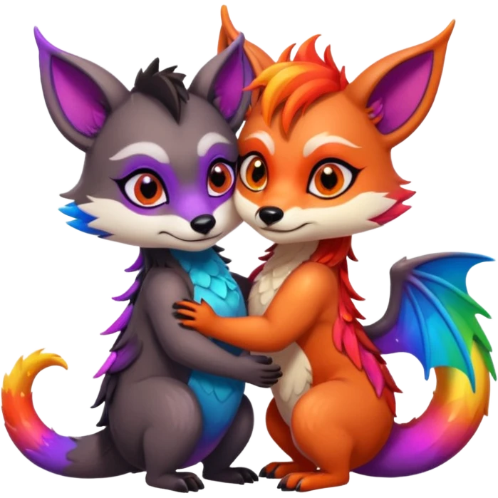 black female raccoon dragon hybrid with rainbow colored wings and purple eyes hugging a red female fox dragon hybrid with rainbow colored wings and orange eyes emoji