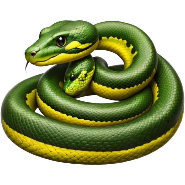 A photo-realistic top-down view of a Green Anaconda tightly coiled in a spiral, with its broad, flat head resting at the center. Its thick, muscular body is olive-green and covered in symmetrical, bold black oval spots that stand out against its smooth scales, creating striking natural camouflage. emoji