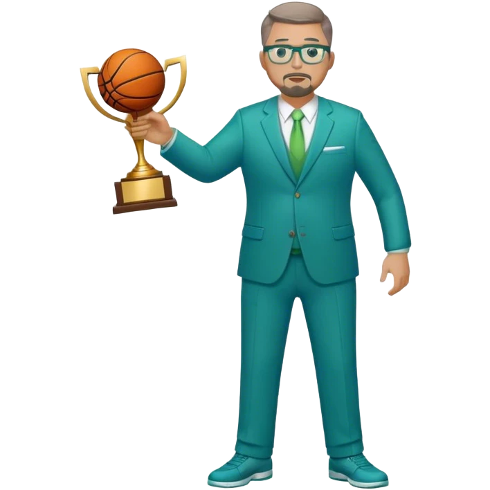 Full Body white plus size man  wearing glasses with a goatee with light brown and gray short hair basketball head Coach in blue and green suit holding trophy emoji