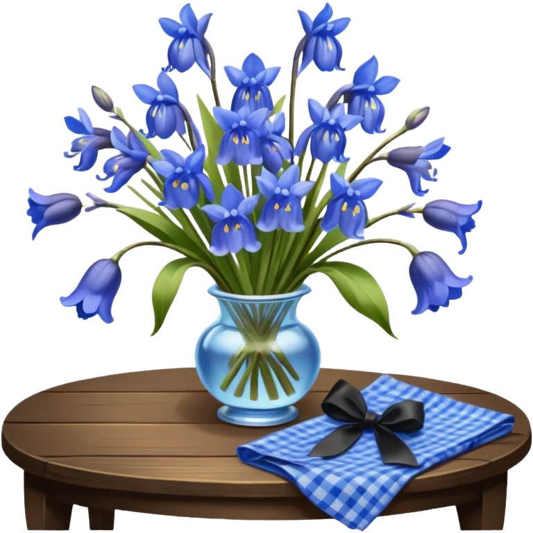 A lush bouquet of bright blue color bluebell black satin ribbon, resting on an antique wooden table, with a pale yellow and pink plaid pattern table cloth emoji