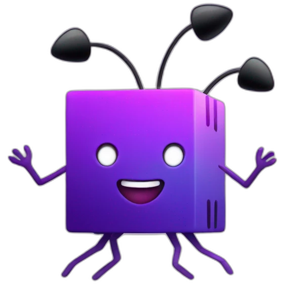 purple gradient colored cube with 2 long hands and long legs with an antenna as a hat and a smile emoji
