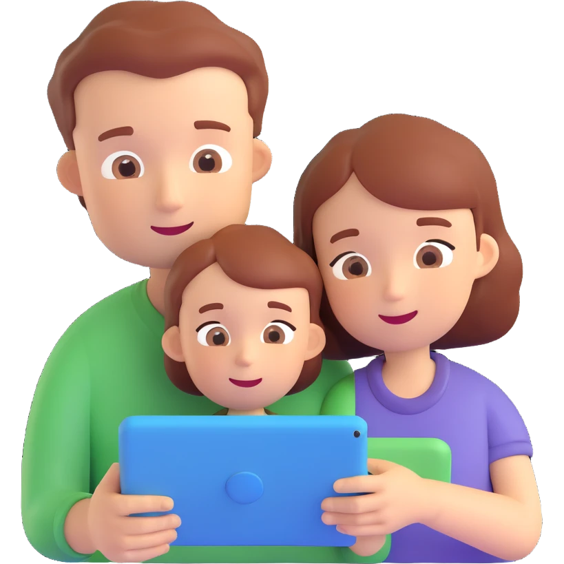 parent and child using a tablet, 3D cartoon style, soft lighting, minimal background emoji