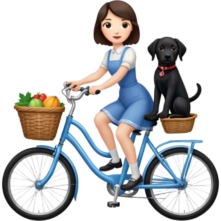 Wizard of Oz Dorthy riding bike with a black lab in the basket emoji