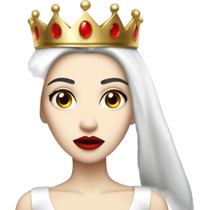 Queen with pale skin, long black hair, bright red lips, skinny gold crown, white dress, and evil stare.  emoji