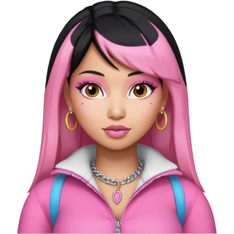 Nicki Minaj black hair with pink highlights, pink outfit emoji
