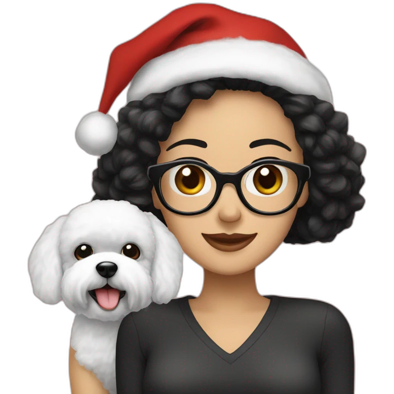 woman-black hair-christmas hat-with glasses-with bichon dog-white-smile emoji