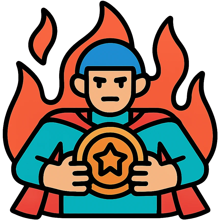 heroic character or silhouette holding a precious object like a coin, NFT, or artifact firmly, surrounded by stylized flames, determined expression, colorful icon with black outlines emoji