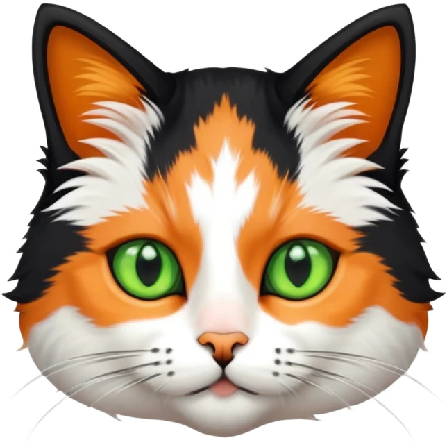 calico cat with black fur on his head, white fur around its mouth area, and a very tiny orange spot between its two green eyes emoji