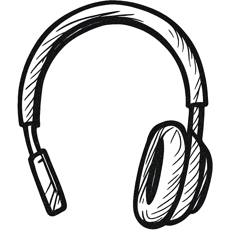 Over-ear headphones, white fill, side view, hand drawn style, black outlines emoji