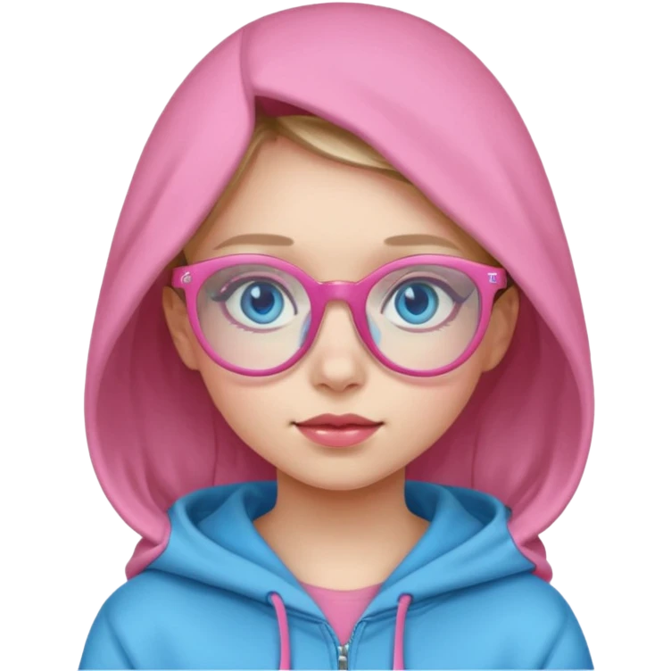 girl in hoodie with pink glasses and blue eyes emoji