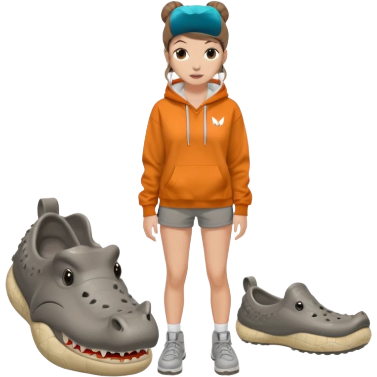 can you make a white girl with brown hair that is in a bun  and brown eyes and a normal white person nose and then she is wearing a grey hoodie mclaran formula 1 and wearing dirty white crocs with taylor swift gibits, 3 on each croc and she has 4 ear peiecings and hoop and stud and black shorts
 emoji