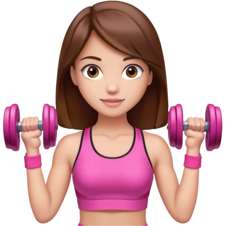 beautiful girl with brown hairs in sport wear in her hands is dumbbells her skin was light and hairs too and her sport wear was pink  emoji