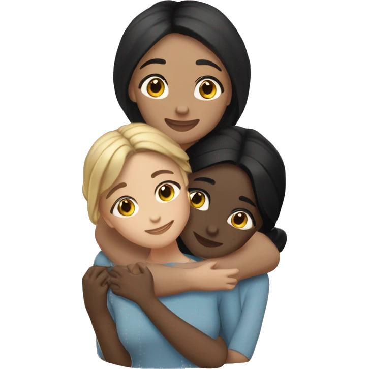 Three friends girl friends !  hugging each other warmly. One friend has fair skin and straight black hair, another has dark skin with black hair styled in a low bun, and the third has tan skin with wavy black hair.” emoji