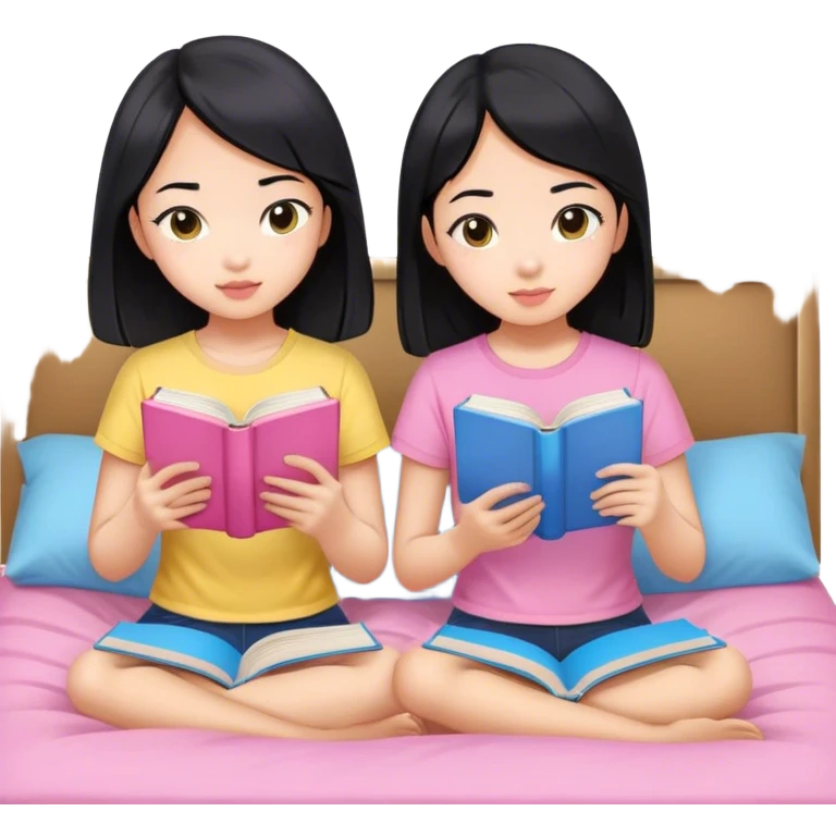 two asian girls black hair on the bed pink and yellow top reading blue books emoji
