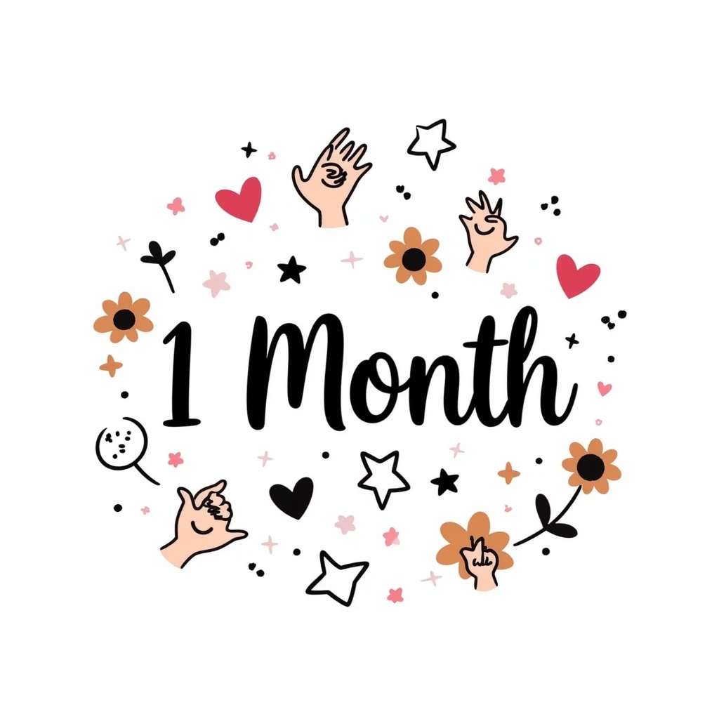 A cute pastel celebration design with sparkles and hearts, featuring "1 Month" in elegant handwriting, surrounded by friendship symbols like stars, pinky promise hands, smiling faces, and flowers. Warm and magical like a scrapbook memory collage for celebrating friendship. emoji