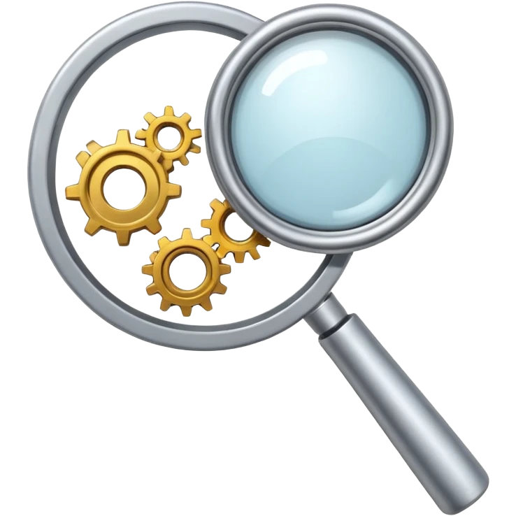 mechanical magnifying glass with gears and metal parts, bright and simple, emoji style, no text emoji