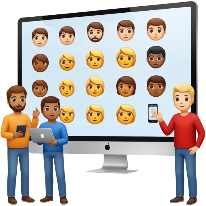 group of developers working on a large screen emoji