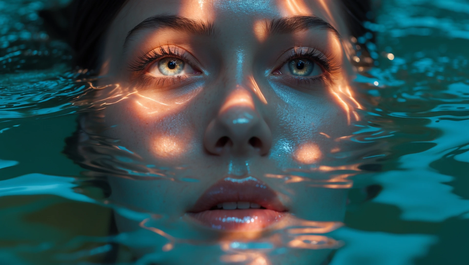 Extreme Closeup photo of a beautifull woman, water light reflection on face, low key light, cinematic light, 8K, very detailed, sharp emoji
