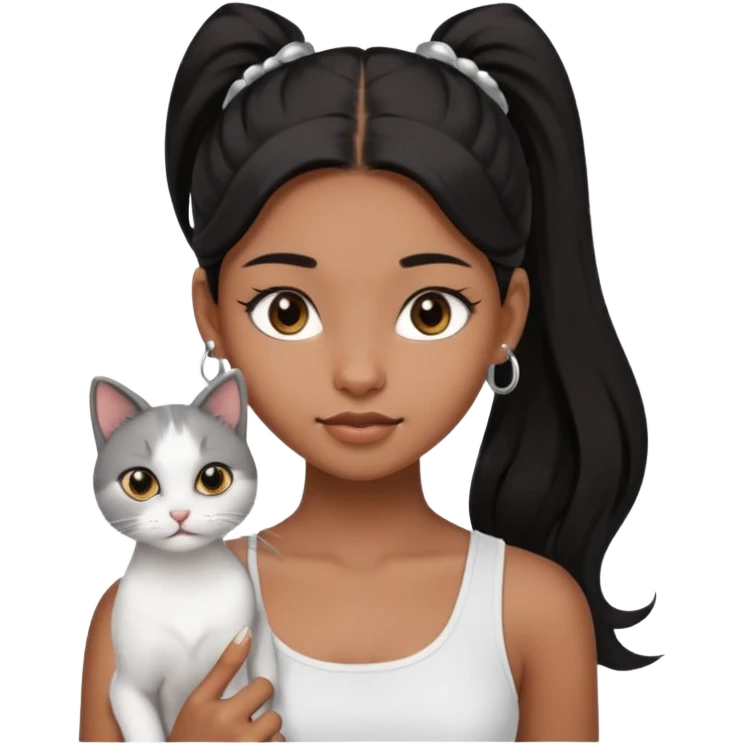 An brown skin Teenager girl with brown eyes, long black hair in one high ponytail, with a white crop top holding her grayish-white cat, and small silver earrings emoji