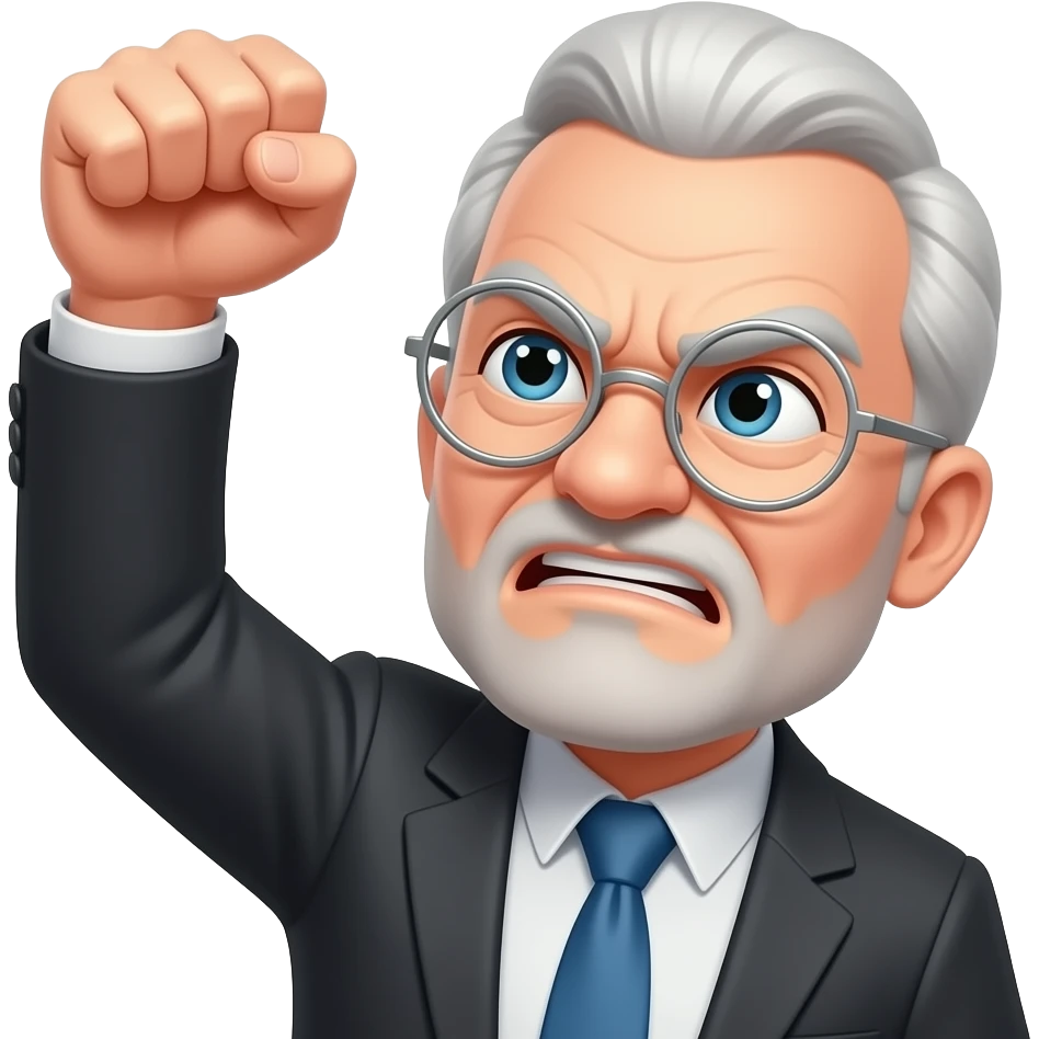 Angry old man with bushy eyebrows with silver round glasses shaking his fist at the sky emoji