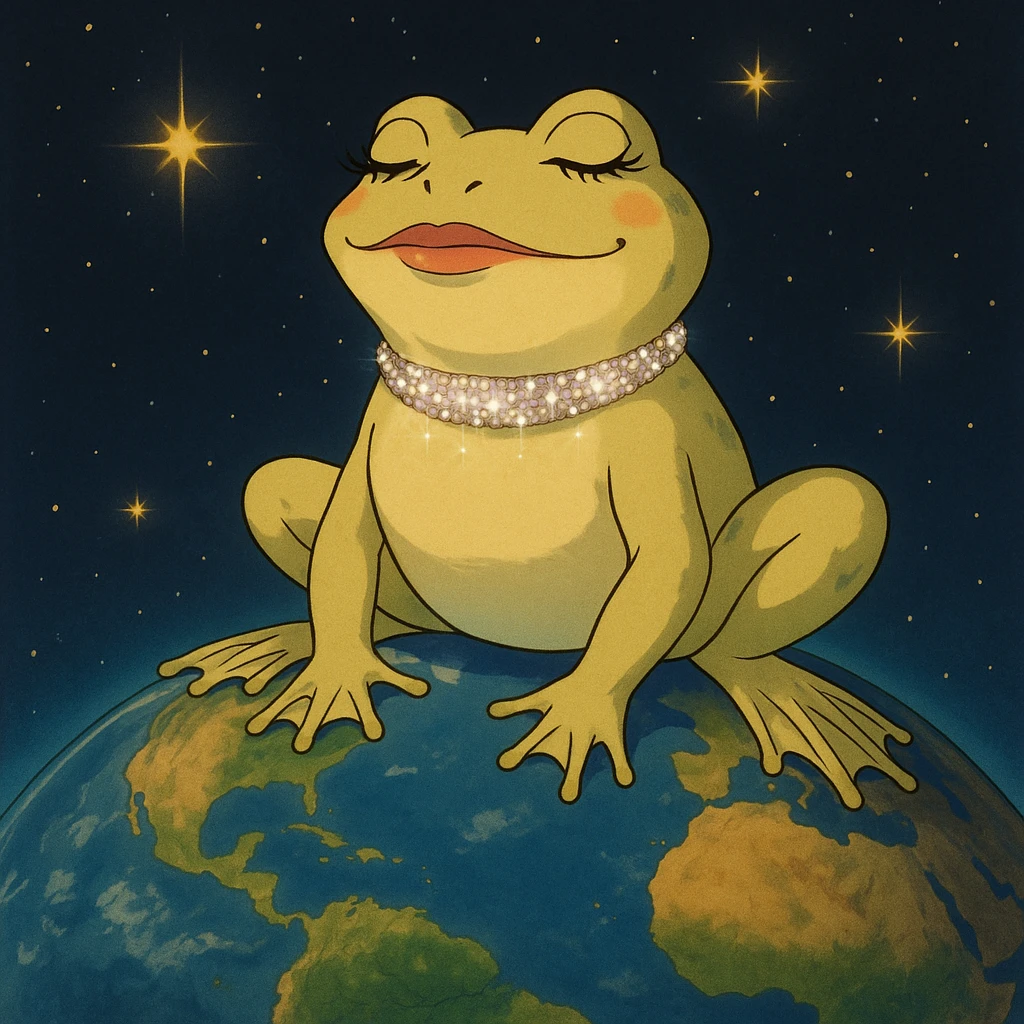 glamorous frog with sparkly choker, ruling the world, ghibli style emoji