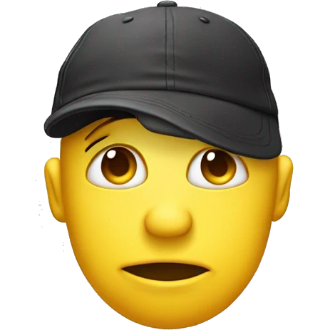 yellow face emoji with back words hat, biting lip, pinching chin with thumb and pointer finger, eye brows raised, and eyes are squinting a emoji