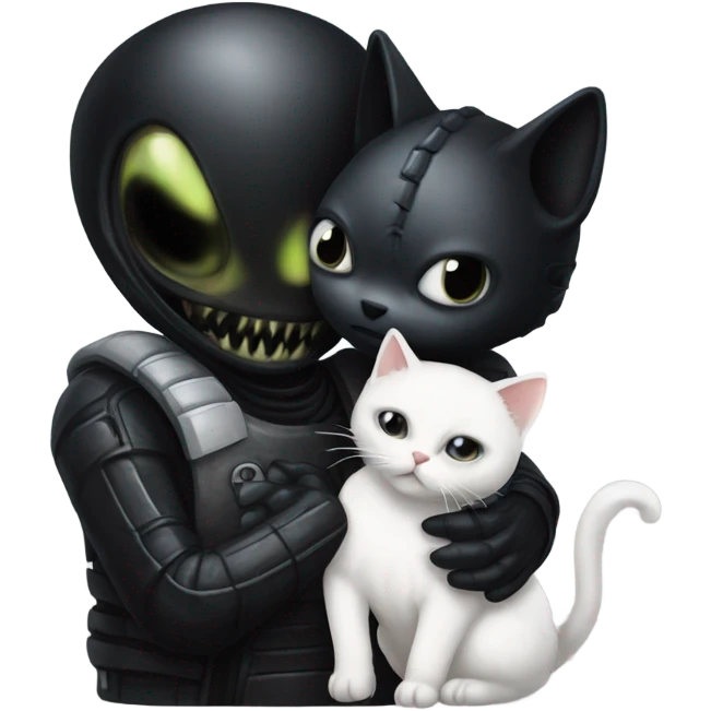 black xenomorph hugs a white cat emoji