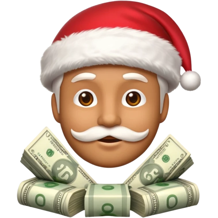 A confident rich emoji face wearing a Santa hat, money stacks, casino vibe, New Year theme, premium 3D emoji style, sharp details, no text, isolated on transparent background emoji