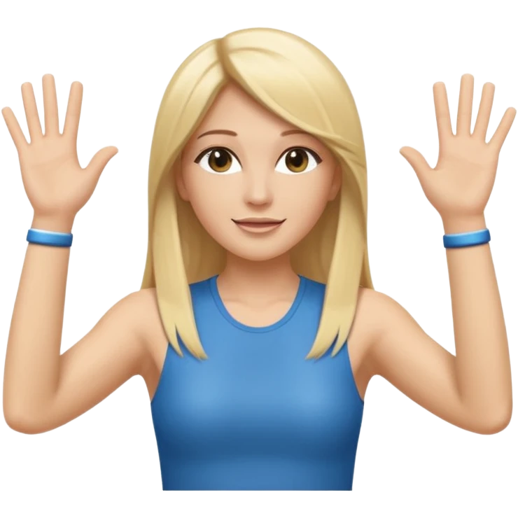 I want a white female dj animated gif emoji with long straight blonde hair putting hands up in the air. Wearing a tight no sleeve top  emoji