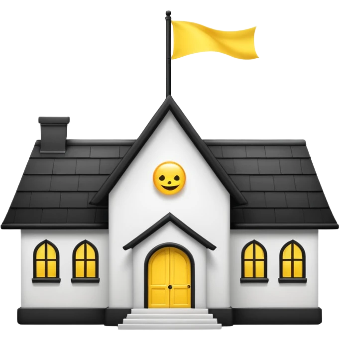 simple magic school, white background, magic school, black roof, with a big flag, big flag on a roof, big yellow flag, white school emoji
