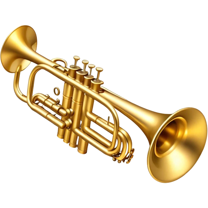 Cinematic Realistic Trumpet, rich golden brass with subtle tarnish marks, soft highlights emphasizing the intricate details, warm reflections of stage lighting bouncing off the metal, glowing with bold and triumphant energy. emoji