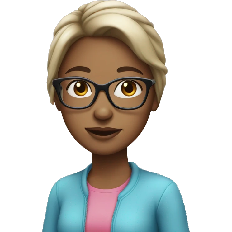 Brunette girl blue eyes with glasses wearing pink emoji
