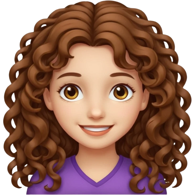 A girl with long curly brown hair, fair skin and beautiful hazel eyes, smiling.  emoji