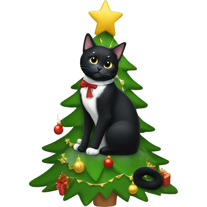Black tuxedo cat sitting Christmas tree  emoji