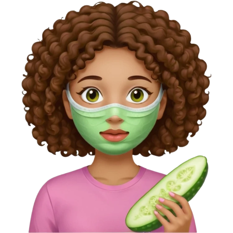 lightskin girl having a spa day with green skincare facemask and cucumbers on her eyes and brown curly hair and a pink shirt  emoji