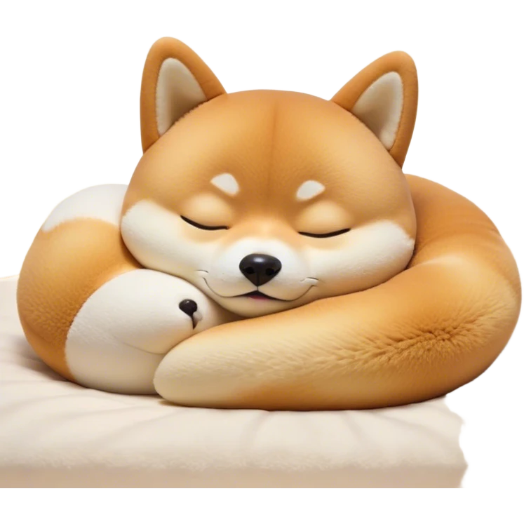 Cinematic cute Sleeping Shiba Inu Portrait Emoji, cute and serene, with a round, adorable build and a plush fur with a soft creamy underbelly, eyes gently closed in peaceful slumber, Simplified yet irresistibly endearing features, highly detailed, glowing with a gentle, dreamy glow, high shine, relaxed and content, stylized with a touch of whimsy, bright and heartwarming, soft glowing outline, capturing the essence of a blissfully sleepy companion, so comically serene it feels like it could roll out of the screen and snore with adorable charm! emoji