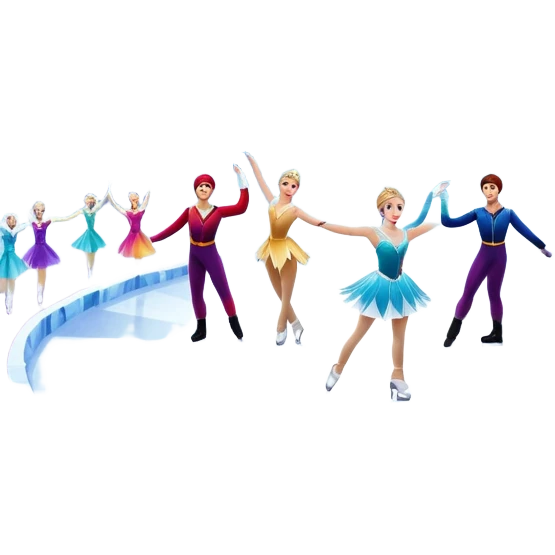 An icon of a theatrical ice show with close-up costumed figure skaters performing a dramatic scene on a glowing ice stage. Spotlights, colorful scenery, and a cheering audience in a grand arena convey the magic and artistry of the ice performance. Transparent background included. emoji