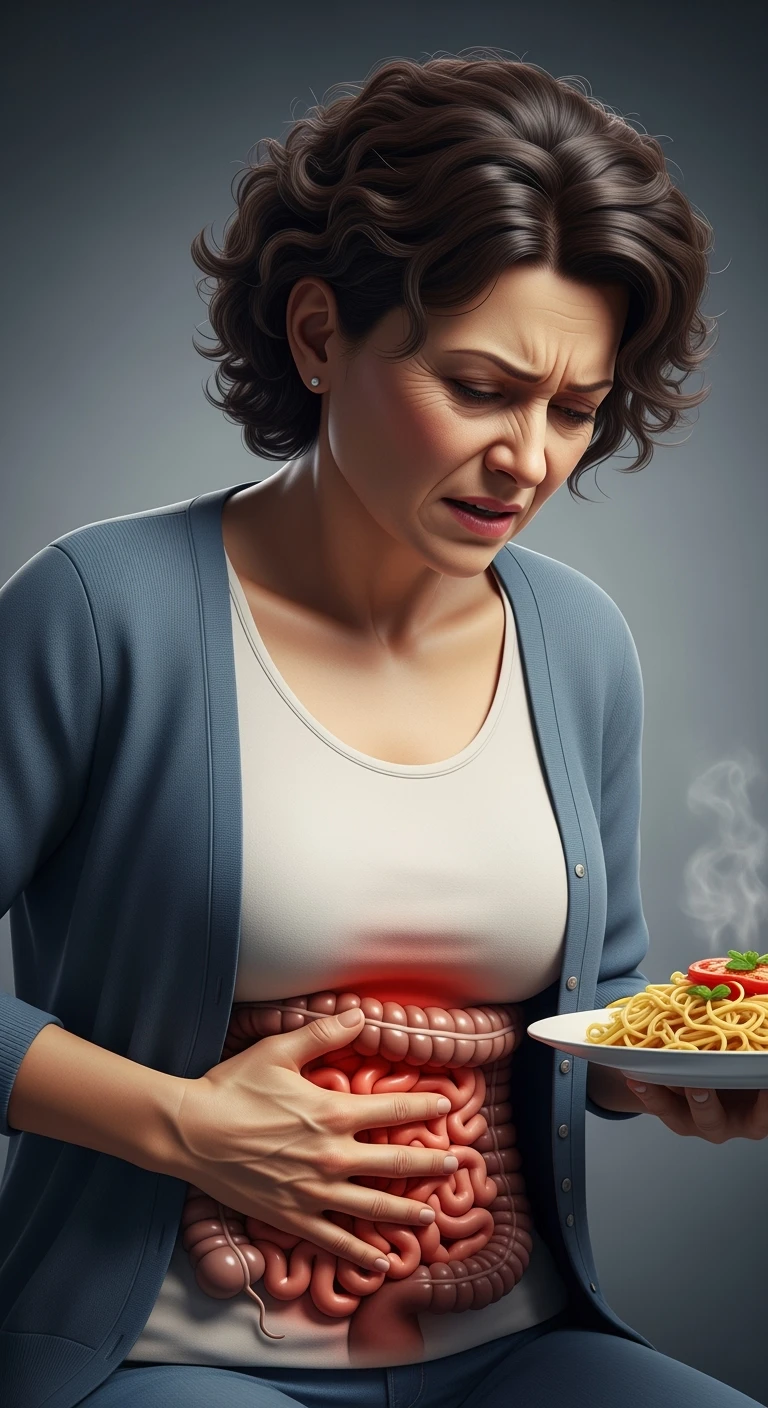 DONNA CON INTESTINO UMANO ANATOMICO REALISTICO IN EVIDENZA E MAL DI PANCIA MENTRE TIENE IN MANO UN PIATTO DI PASTA , IPERREALISTICO 4K emoji