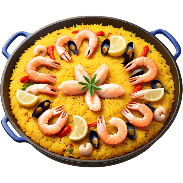 cinematic-realistic-paella-dish-emoji,-depicted-as-a-vibrant,-aromatic-rice-dish-loaded-with-seafood,-chicken,-and-saffron-rendered-with-rich-textures-and-dynamic,-warm-lighting with a lemon slice in the middle emoji