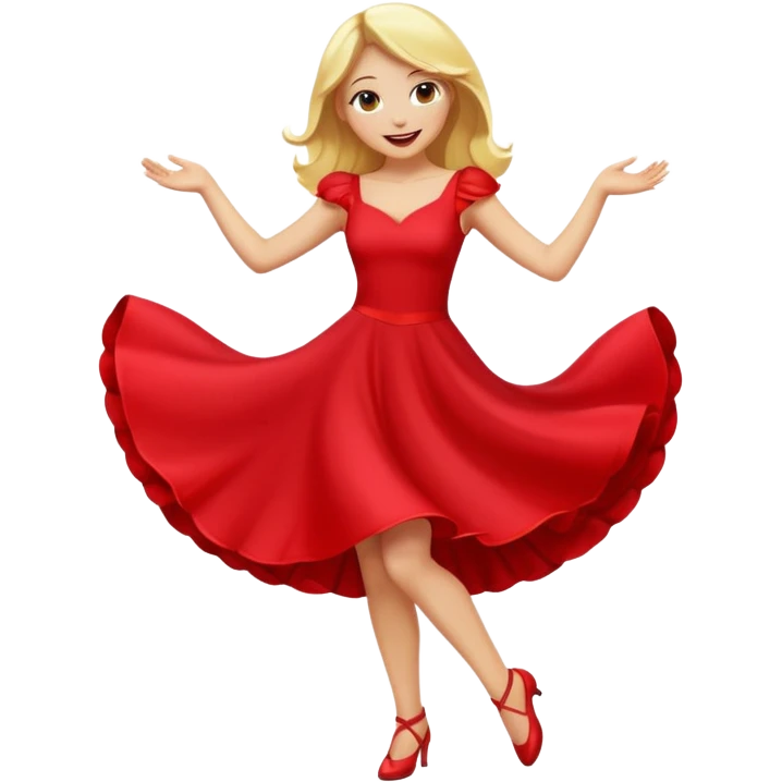 a yellow-blonde woman dancing wearing a red dress, in flat emoji / Apple style, smooth shapes, glossy highlights, bright saturated colors, simple features, minimal details, no outlines, red clothes flowing, joyful pose
 emoji