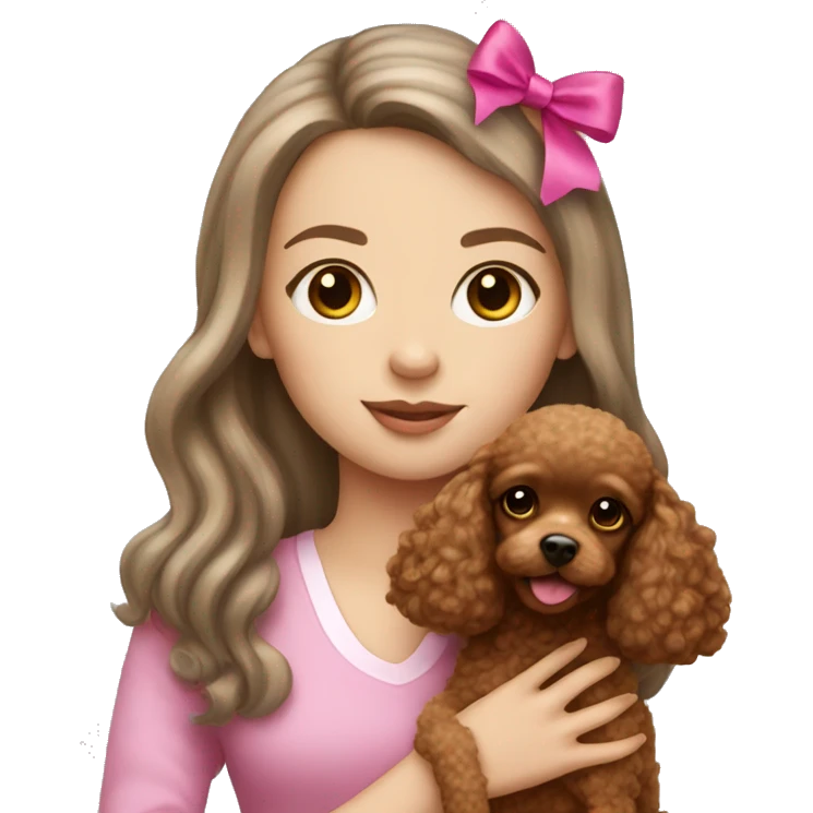 White girl with long brown hair holding a toy poodle with pink bow emoji
