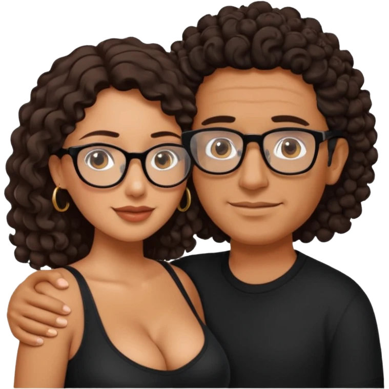 A picture of an embracing tanned couple. the man is a Mexican man with tanned skin, does not have glasses, with a bald hair cut, and wearing a black shirt. the woman is mixed, glasses,  with long curly dark brown hair and with big boobs emoji
