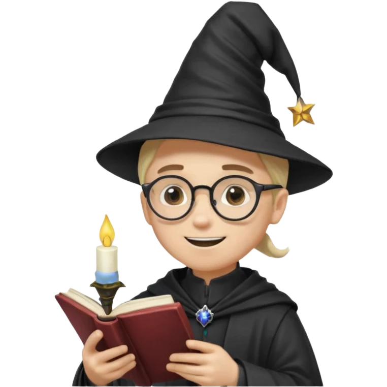 ["A happy boy with light skin, ponytail, wearing a wizard hat and square glasses, dressed in goth fashion, is reading a book while holding a phone."] emoji
